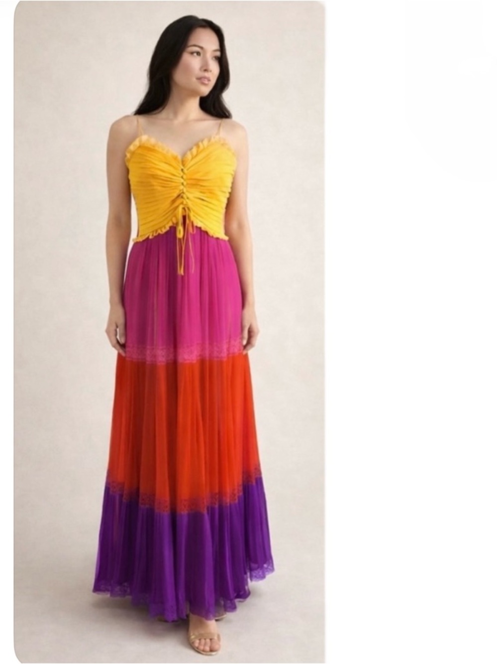 Nina Ricci Dress Vintage 80s Colorblock Silk Chiffon Maxi - Pink Purple Red-XS